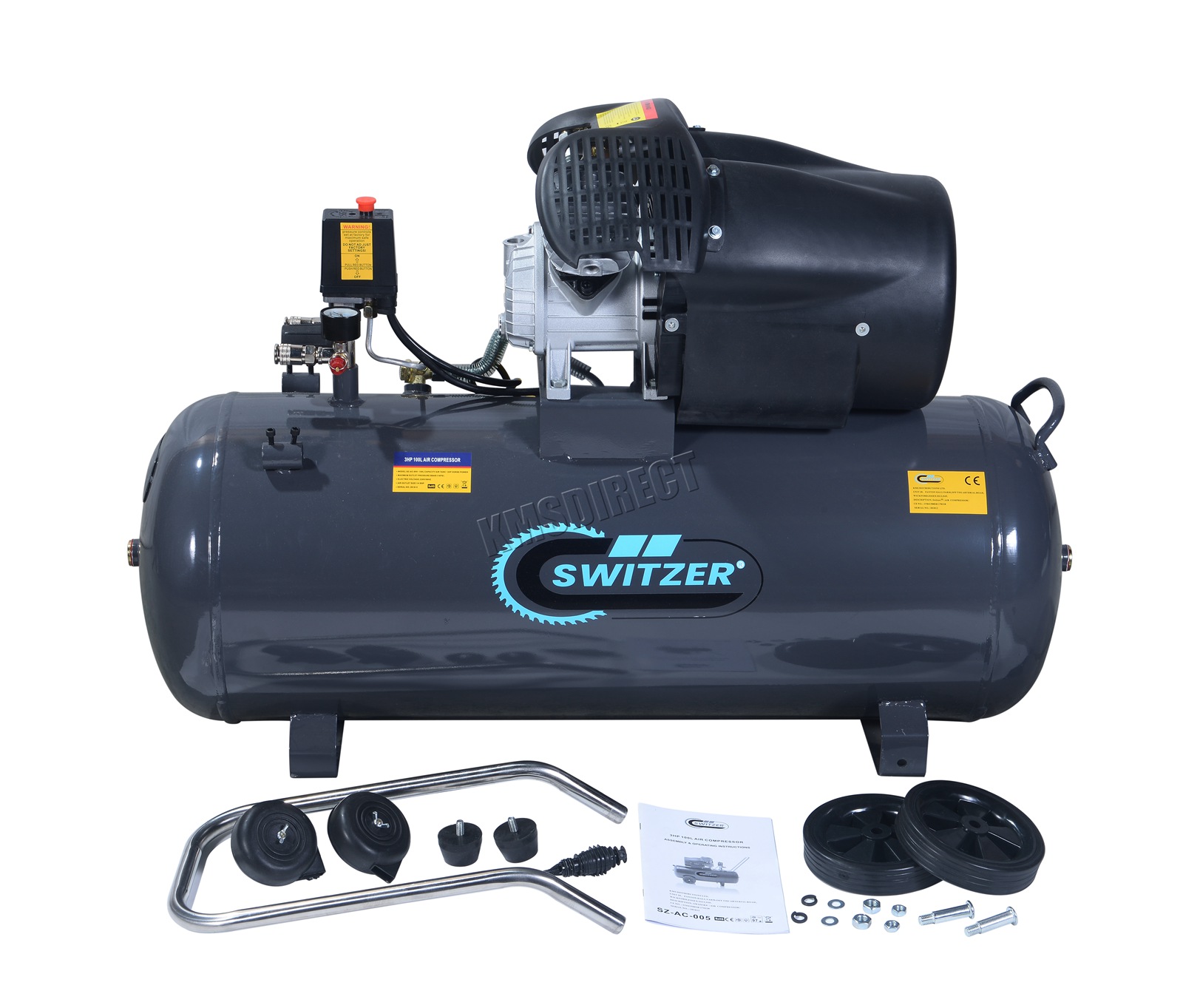 SwitZer Air Compressor 100L Litre LTR 3HP 8 BAR 230V 14CFM + Wheel