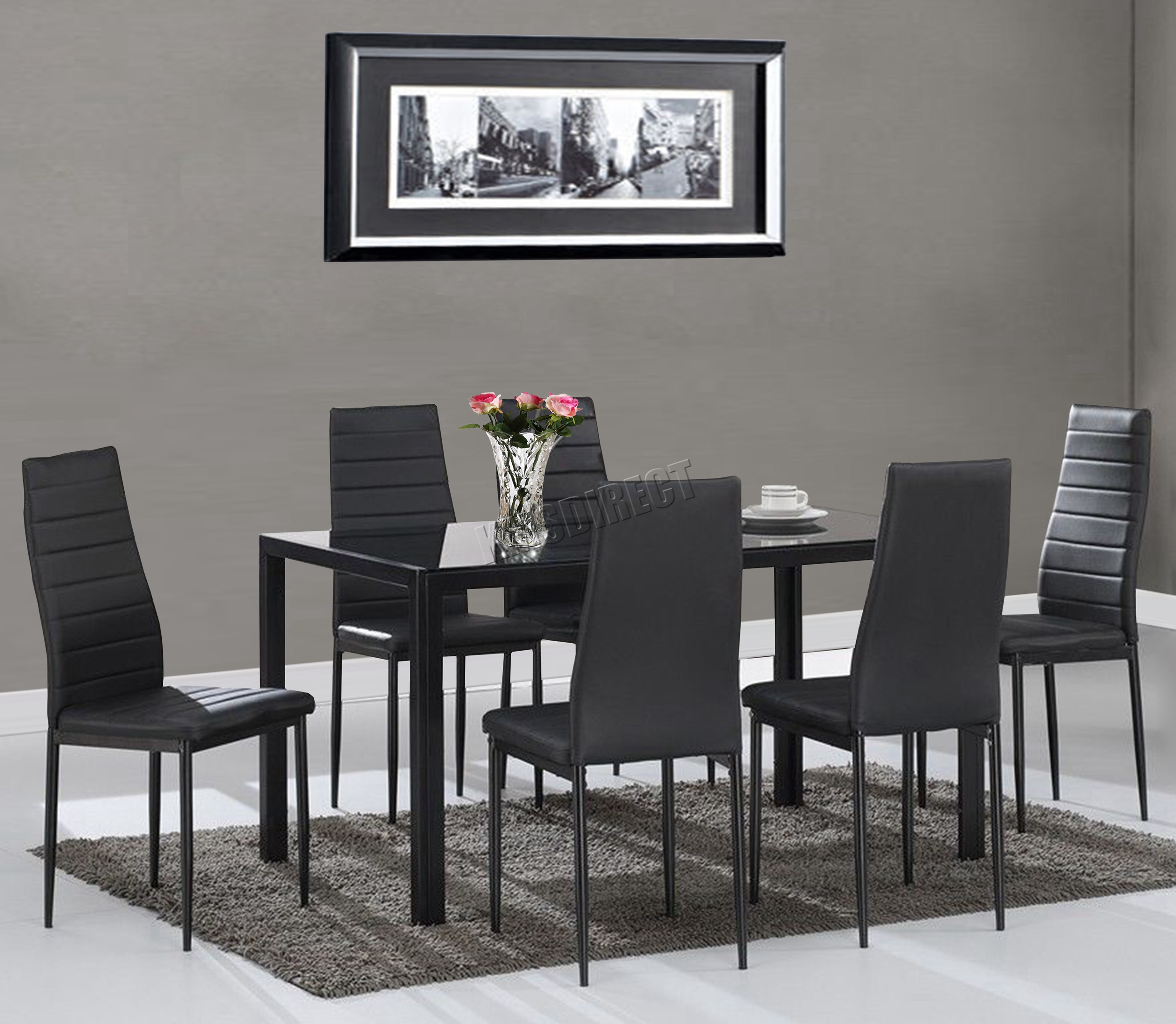 Westwood Glass Dining Table With 4 6 Chairs Set Faux Leather Sentinel Foxhunter Glass Dining Table With 4 6 Chairs Set Faux Leather Room Black