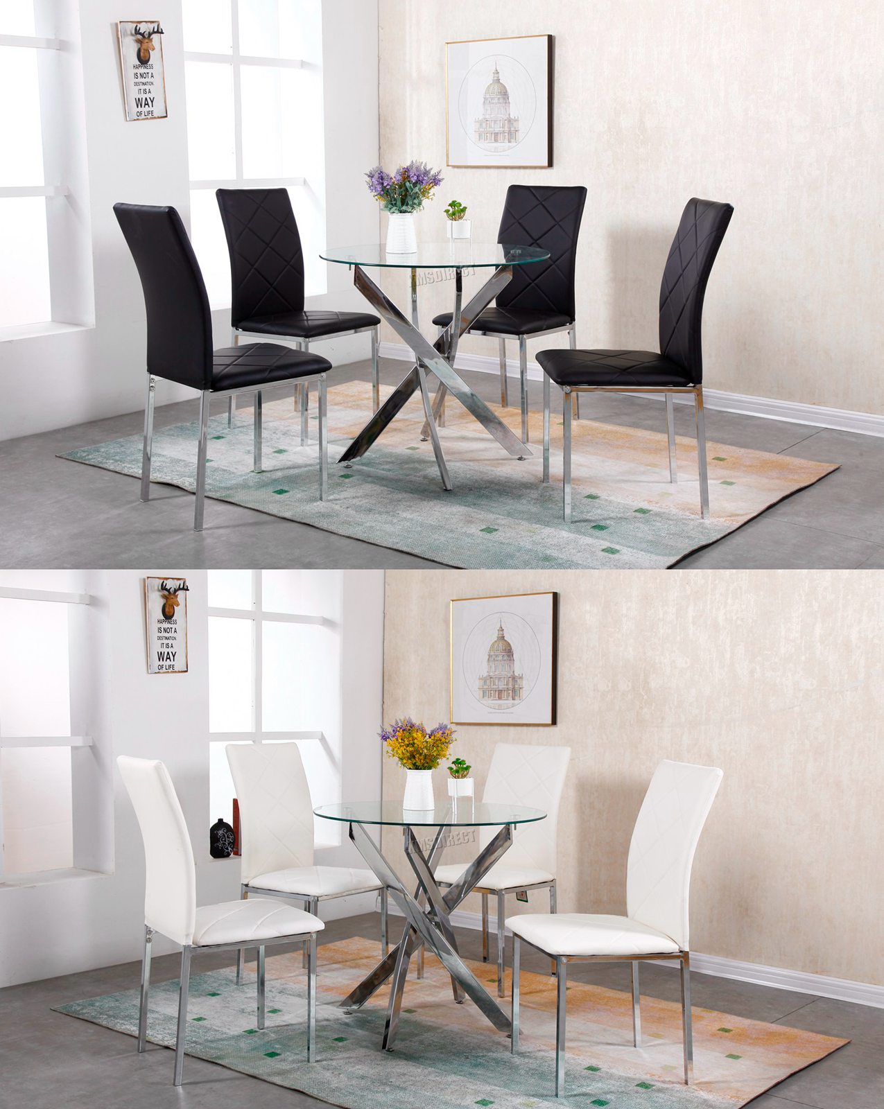 Details About Westwood Glass Round Dining Table And 4 Chairs Set Faux Leather Chrome Legs Ds12