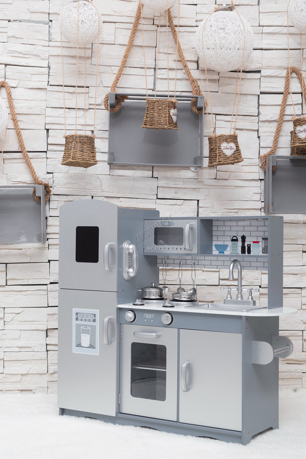 Grey wooden toy store kitchen