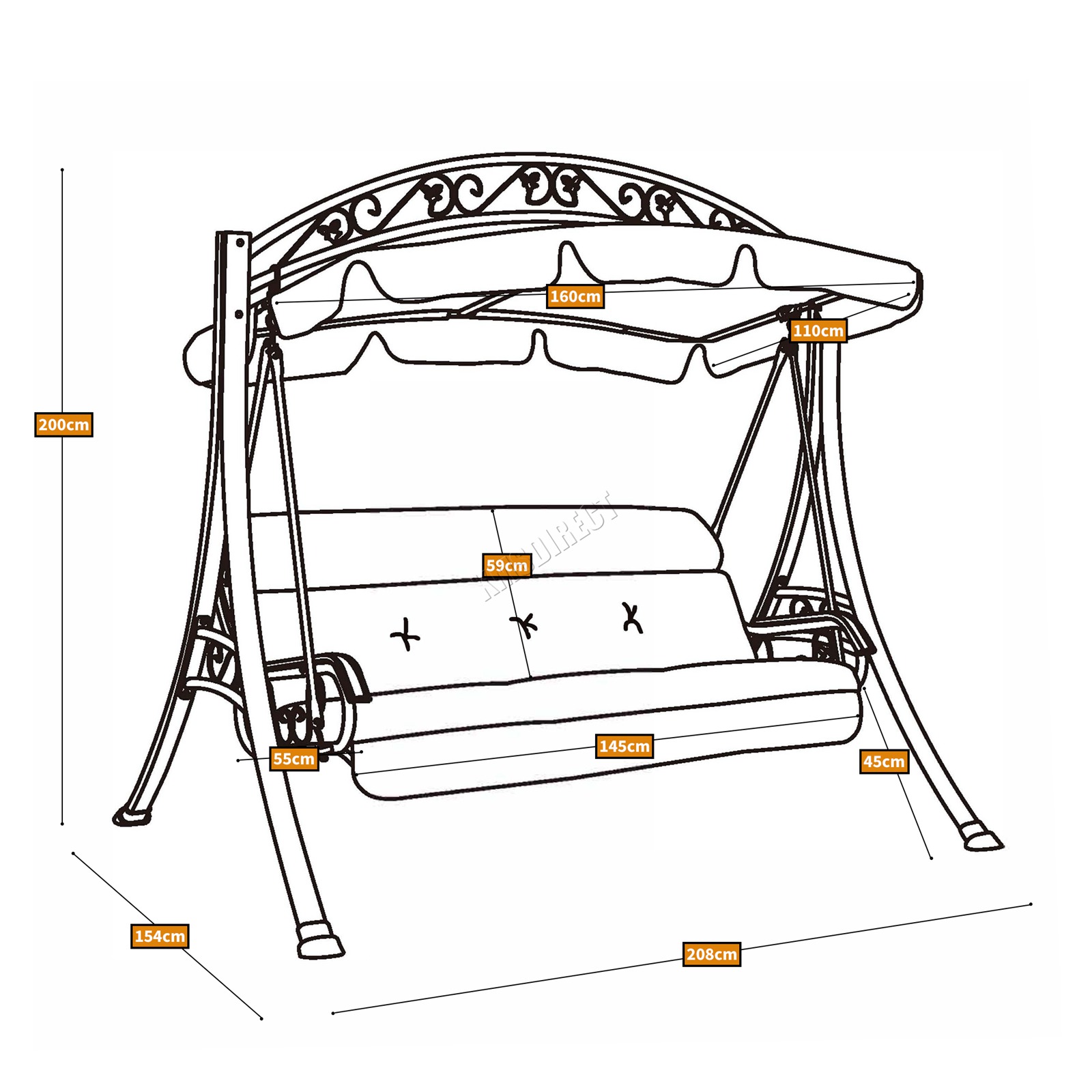 BIRCHTREE Garden Metal Swing Hammock 3 Seater Chair Bench Patio Shelter