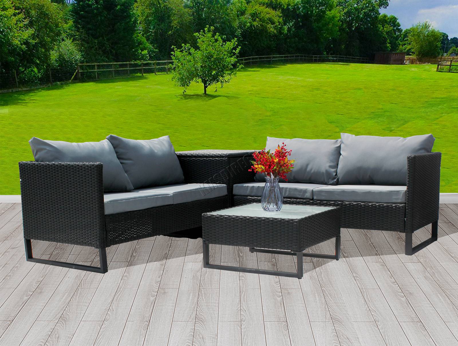 Rattan Outdoor Garden Furniture Corner Sofa Set In Black