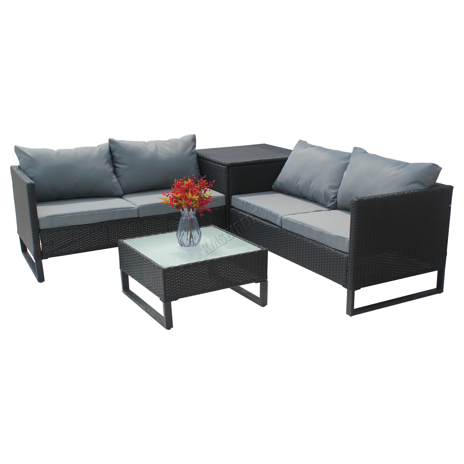 BIRCHTREE Rattan Corner Sofa Set Garden Furniture Storage Glass Table