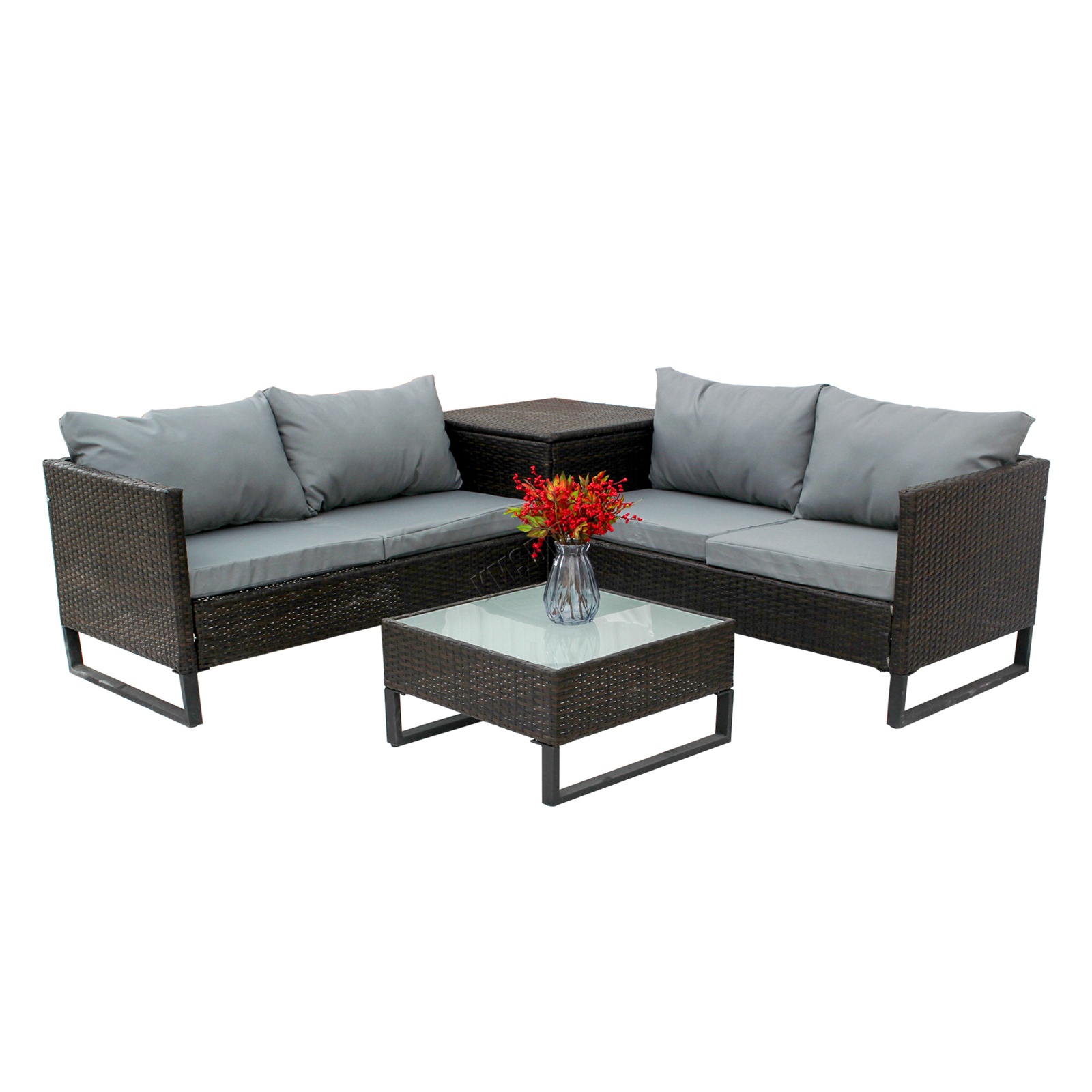 BIRCHTREE Rattan Corner Sofa Set Garden Furniture Storage Glass Table