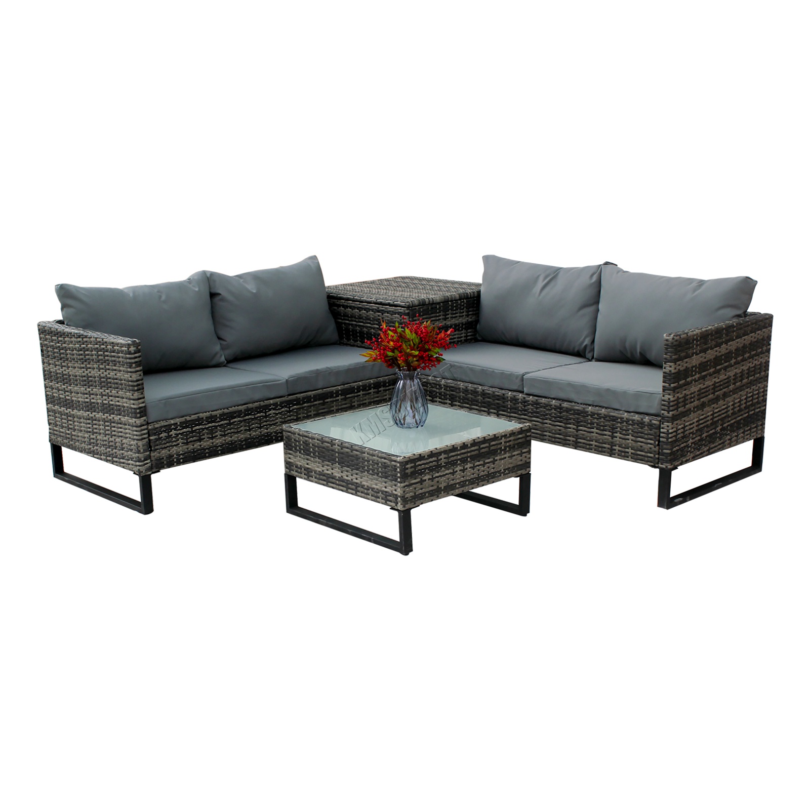 BIRCHTREE Rattan Corner Sofa Set Garden Furniture Storage Glass Table