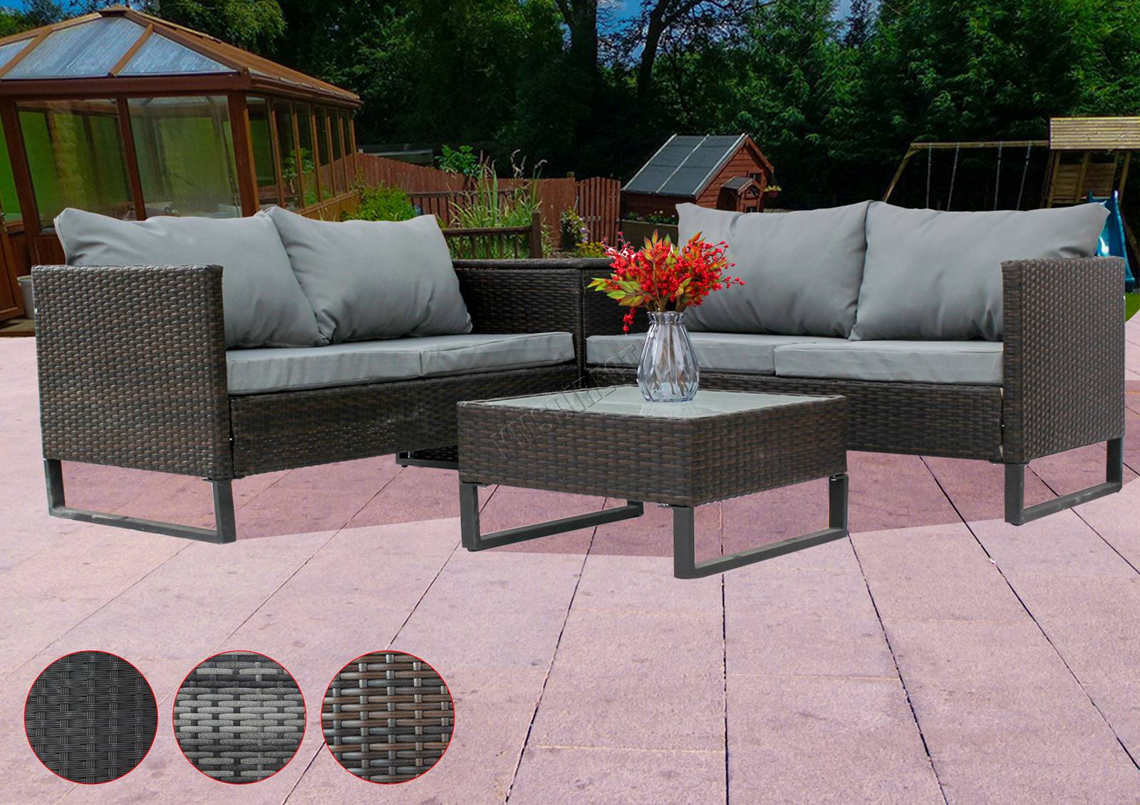 BIRCHTREE Rattan Garden Furniture Set Sofa Storage Box Glass Table