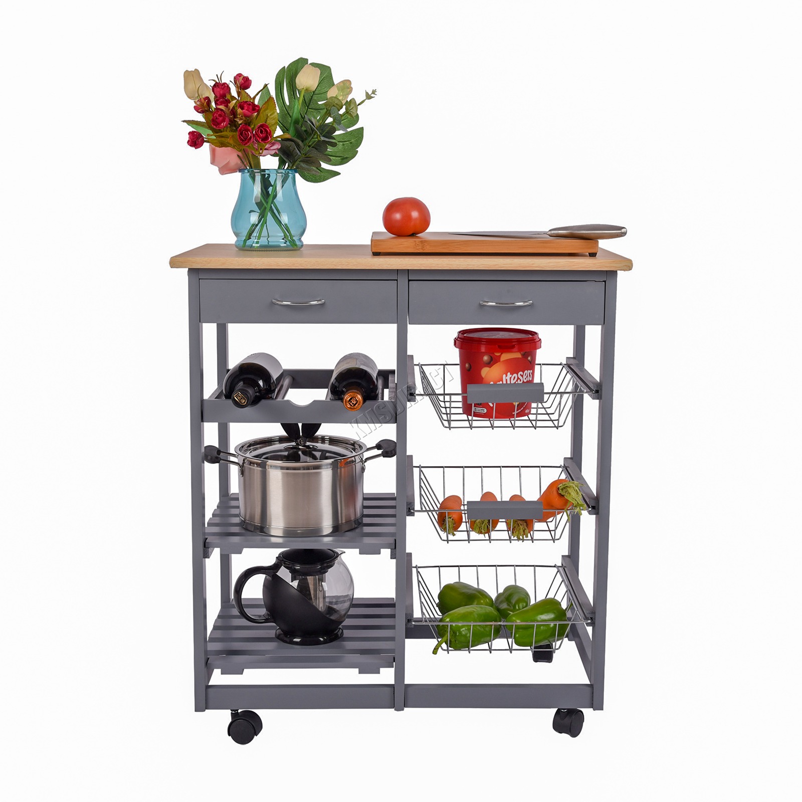 WestWood Kitchen Trolley Wooden Cart Storage Wine Rack Drawers Shelves
