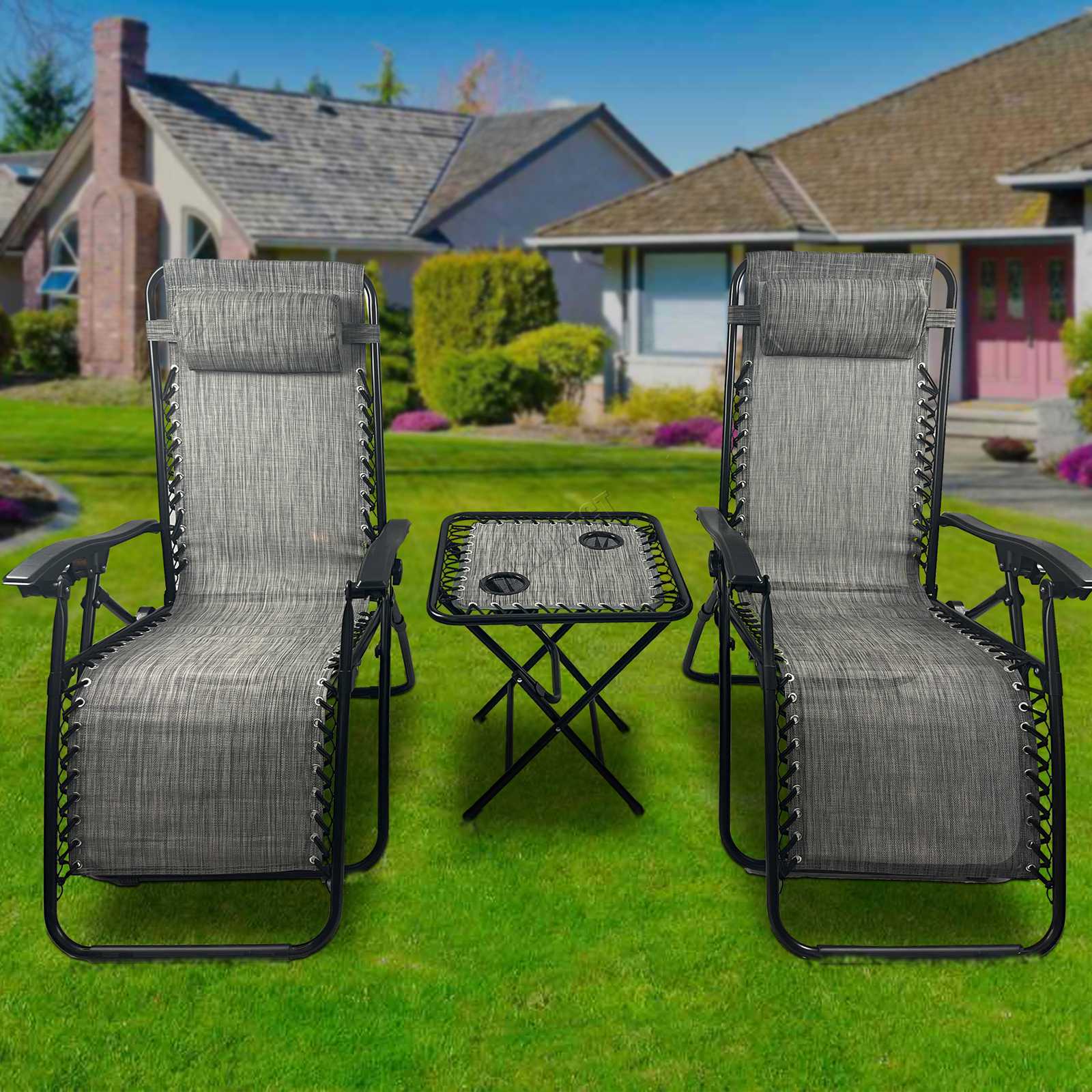 BIRCHTREE Sun Recliner Set of 3 Foldable Chair&Table Patio Garden Beach Lounge