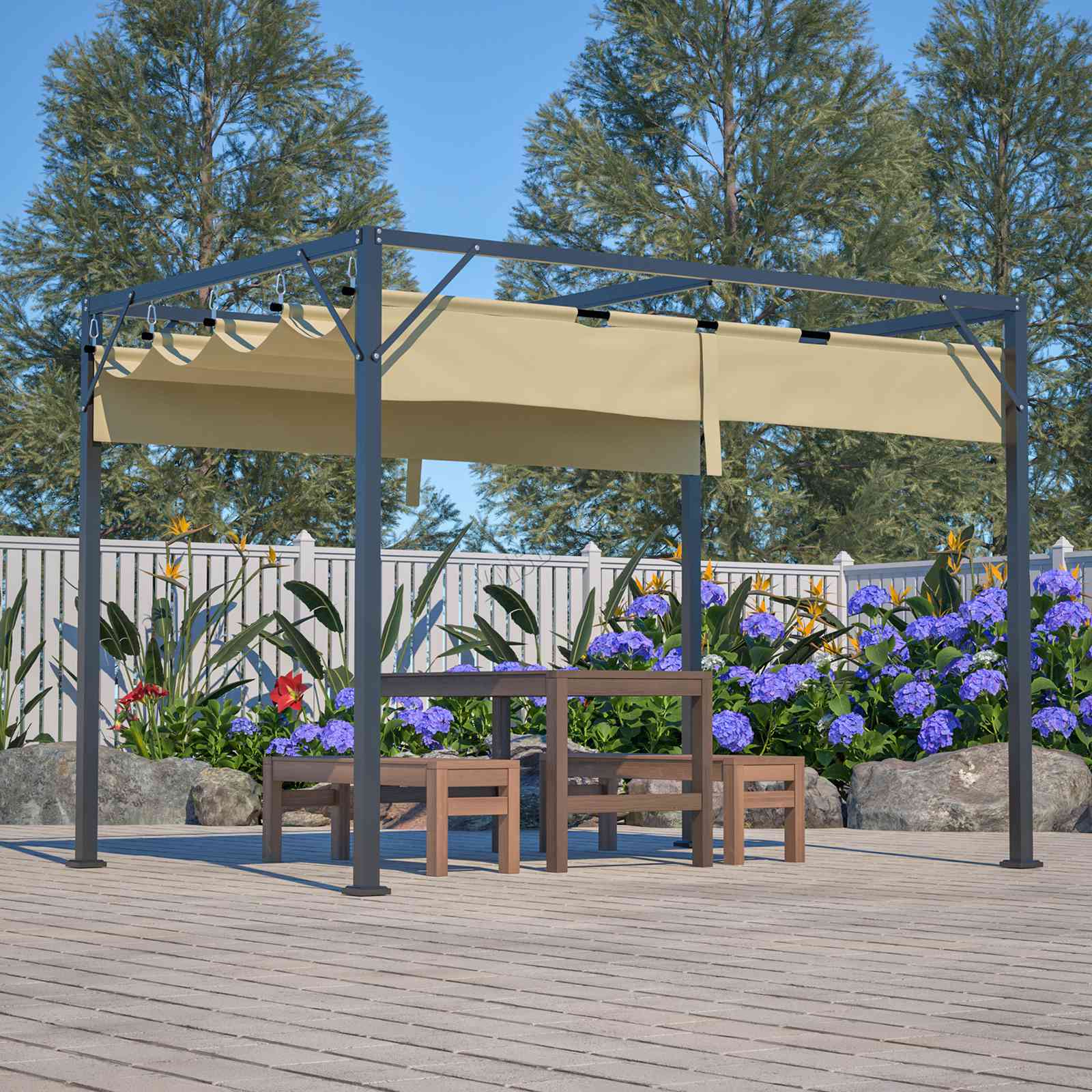 BIRCHTREE Pergola Steel Frame Garden Shade Retractable PE Canopy Outdoor 3x2M