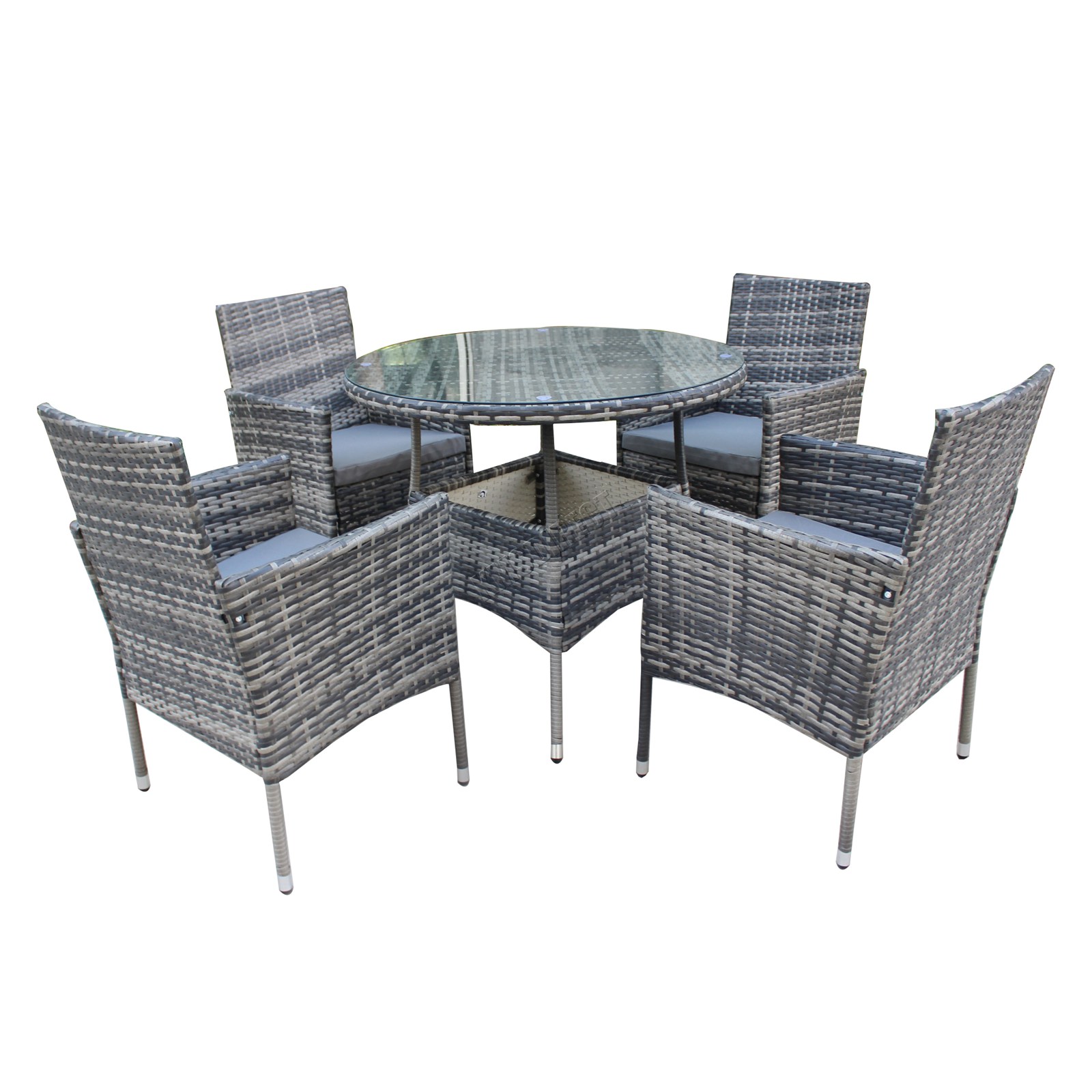 BIRCHTREE Rattan Garden Furniture Set 4 Chair and 1 Round Glass Table
