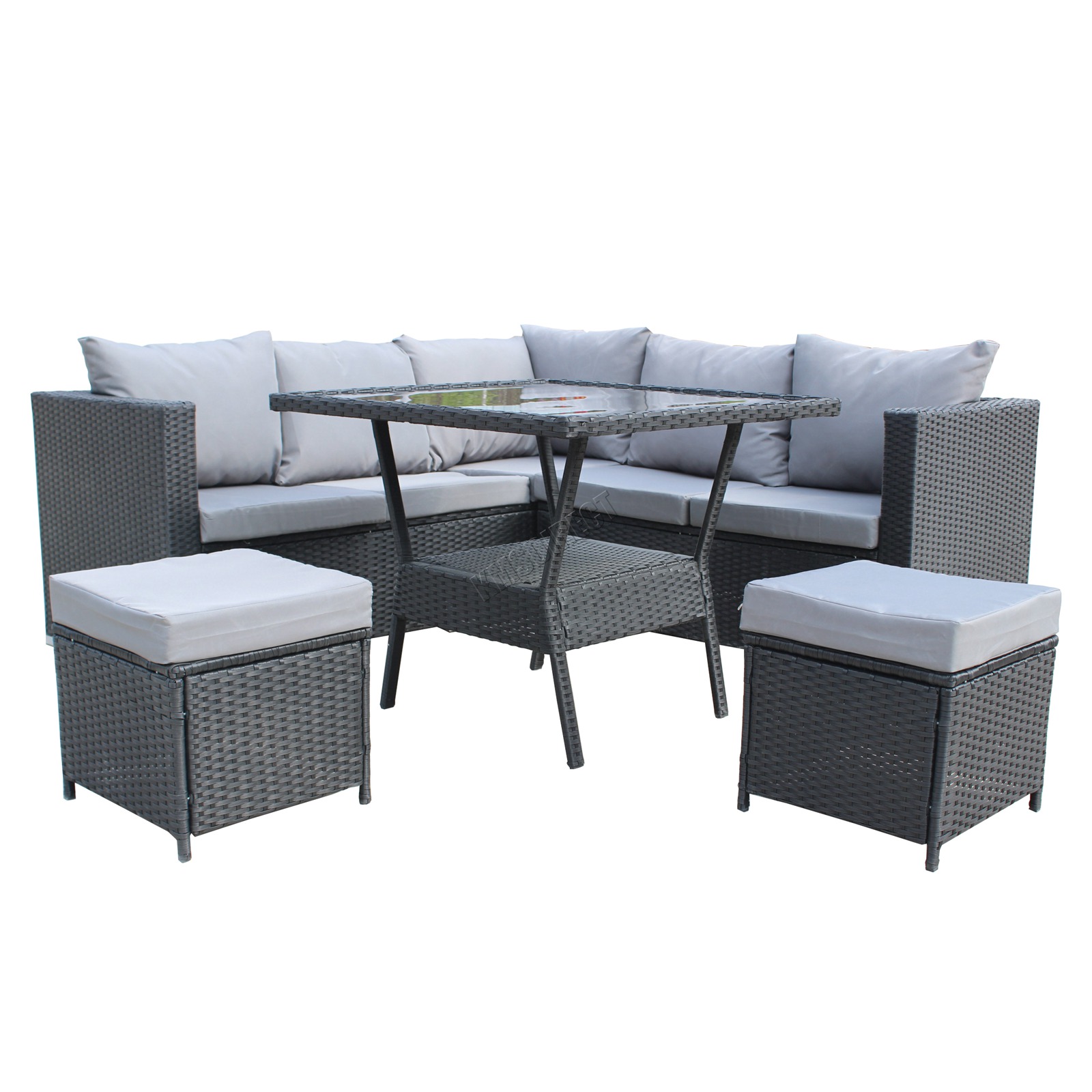 BIRCHTREE Rattan Garden Furniture Set Corner Sofa Glass Table Stools 7