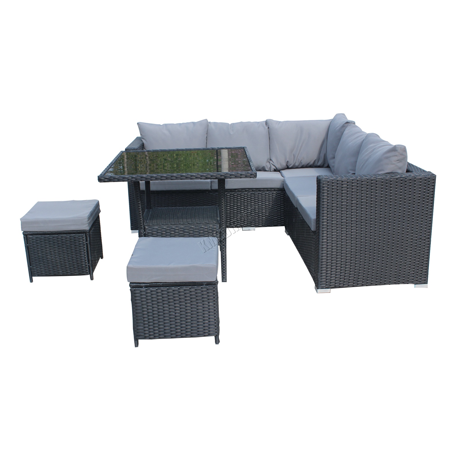 BIRCHTREE Rattan Garden Furniture Set Corner Sofa Glass Table Stools 7