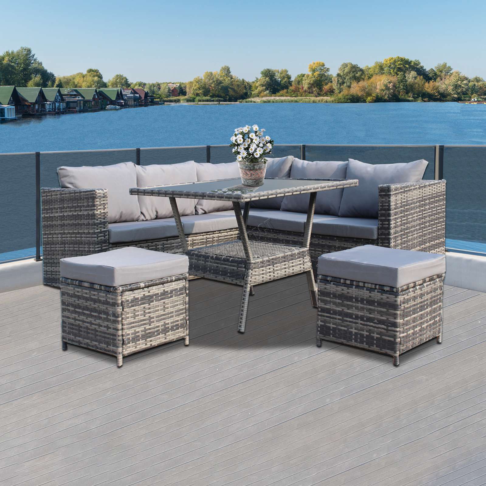 BIRCHTREE Rattan Garden Furniture Set Corner Sofa Glass Table Stools 7