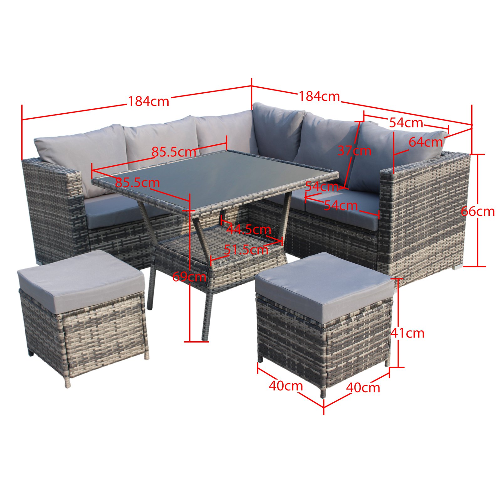 BIRCHTREE Rattan Garden Furniture Set Corner Sofa Glass Table Stools 7