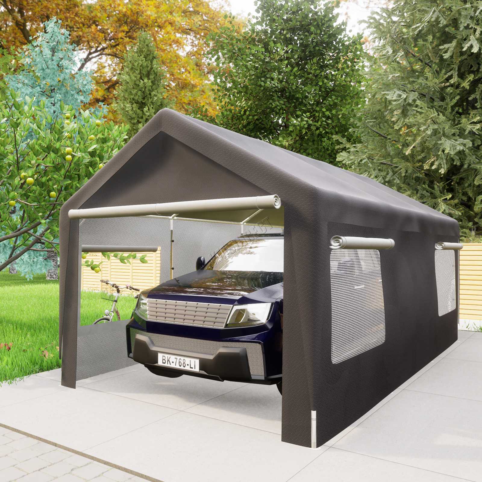 BIRCHTREE Carport 10x20ft Outdoor Steel PE Shed Sidewalls & Windows Boat Truck