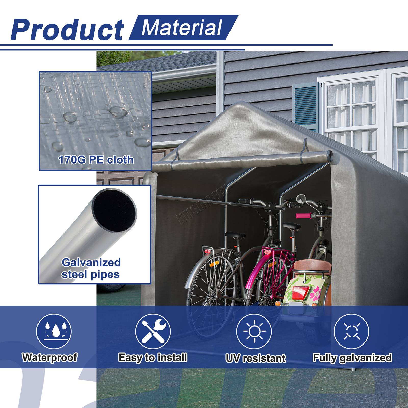 BIRCHTREE Storage Tent Bike Garden Shed Steel Frame PE Cover Waterproof S/L Grey - Picture 29 of 32