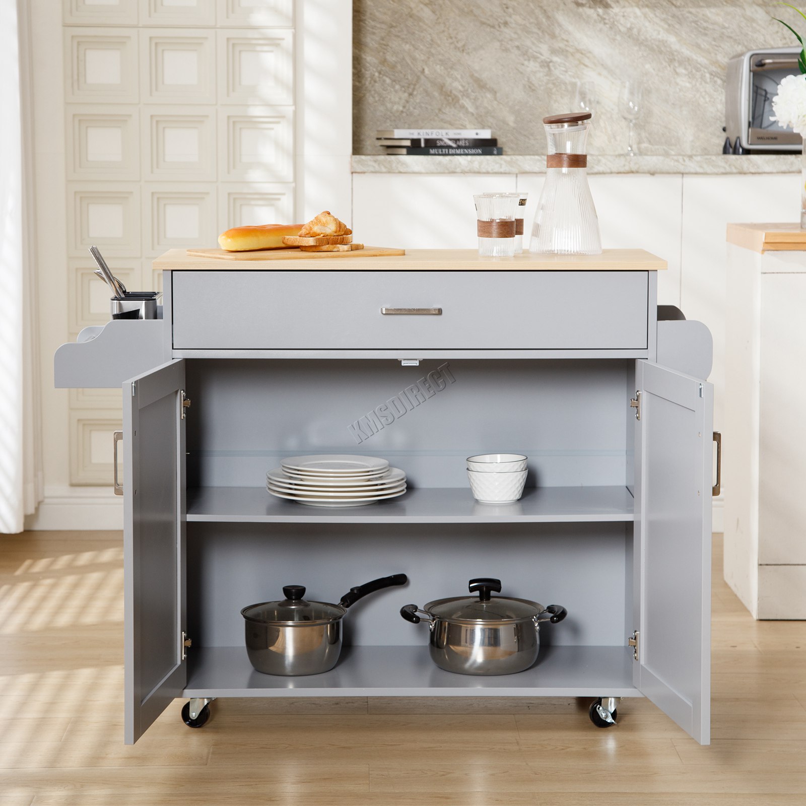WestWood Kitchen Island Rolling Storage Trolley Cabinet Drawer Large Wood Top - Picture 14 of 31