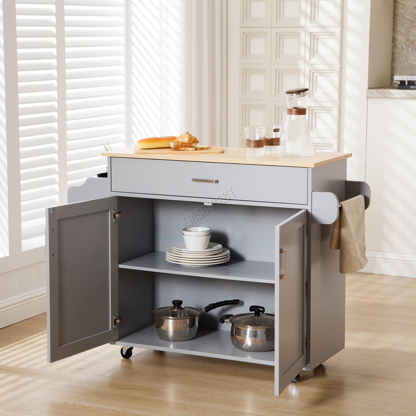 WestWood Kitchen Island Rolling Storage Trolley Cabinet Drawer Large Wood Top - Picture 15 of 31