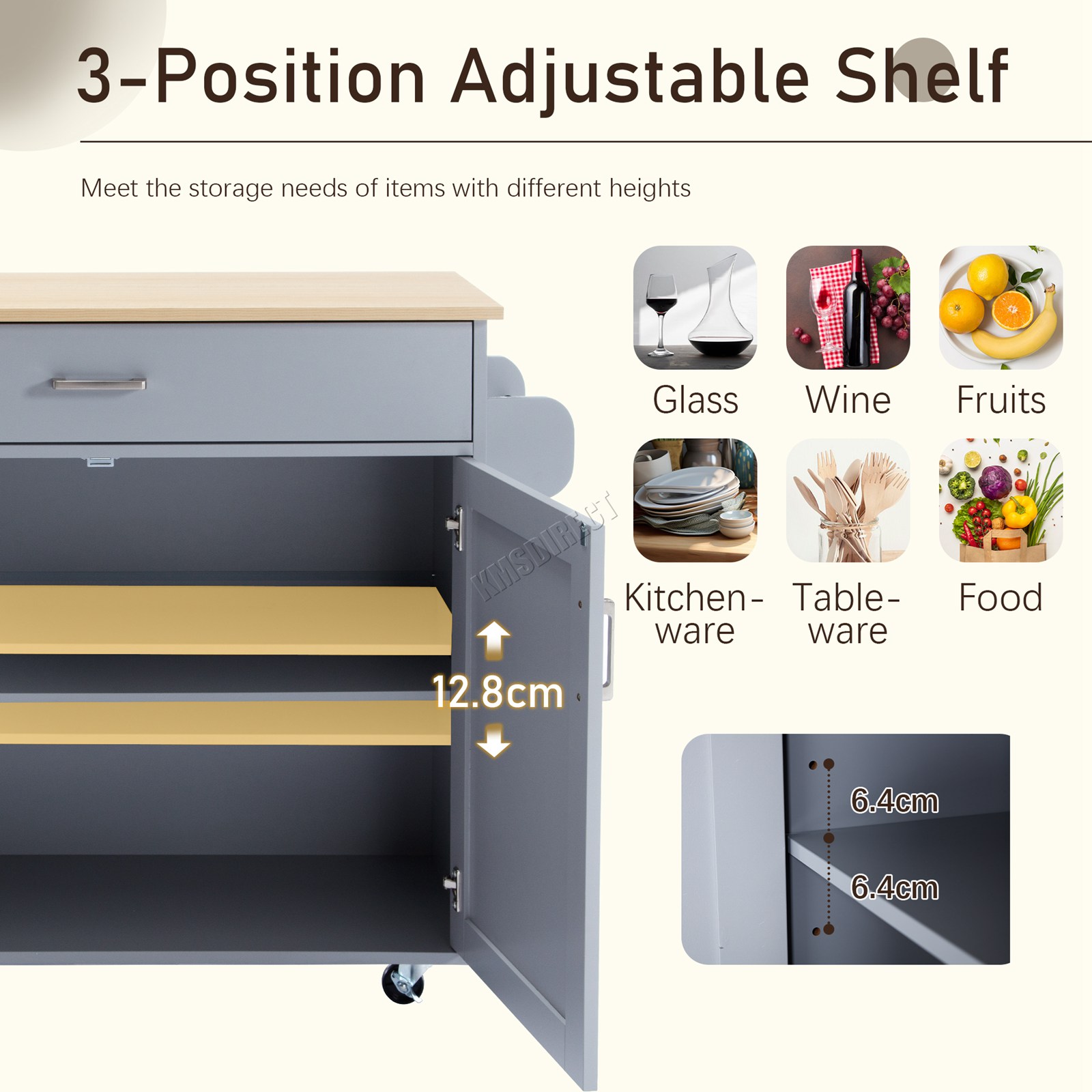 WestWood Kitchen Island Rolling Storage Trolley Cabinet Drawer Large Wood Top - Picture 17 of 31
