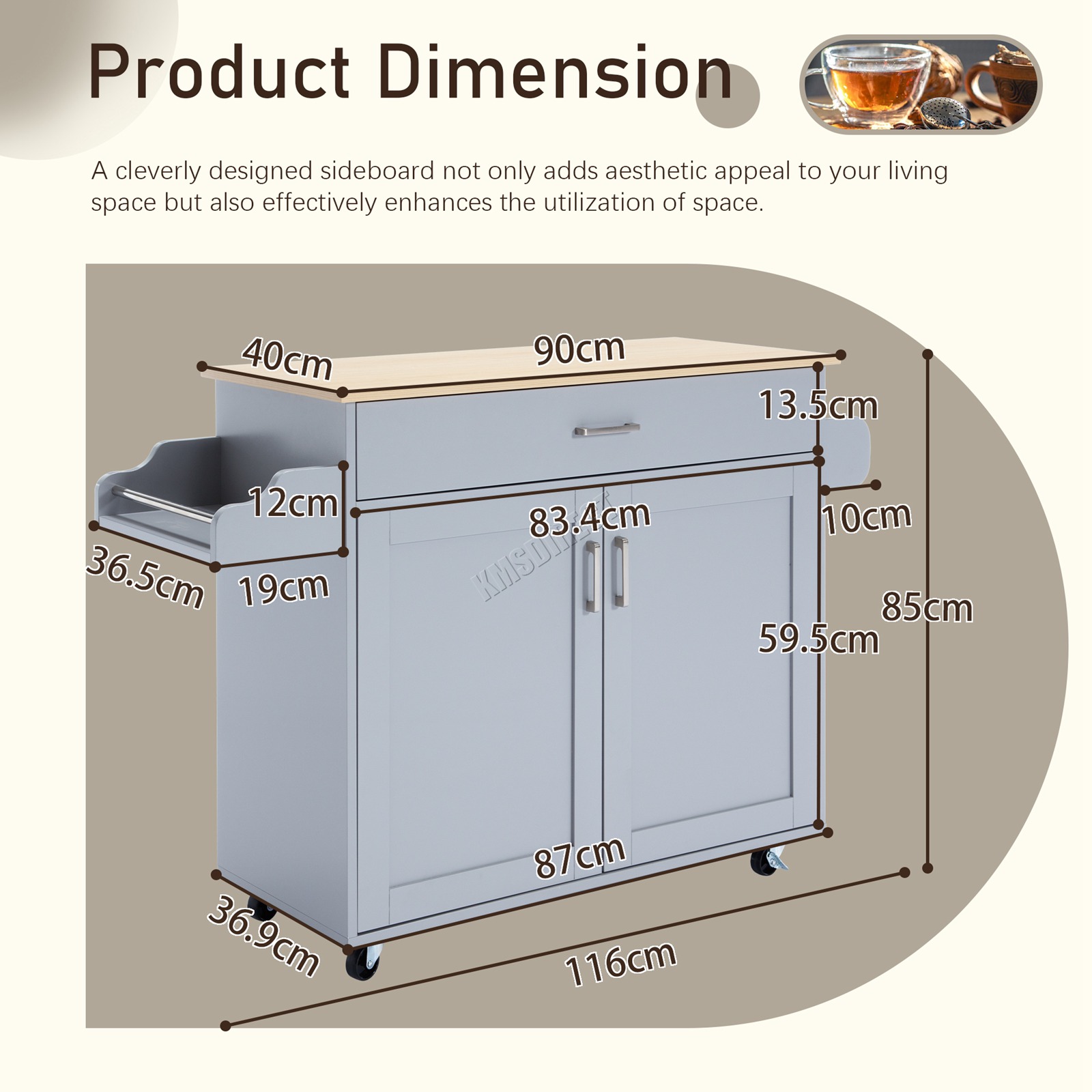 WestWood Kitchen Island Rolling Storage Trolley Cabinet Drawer Large Wood Top - Picture 20 of 31