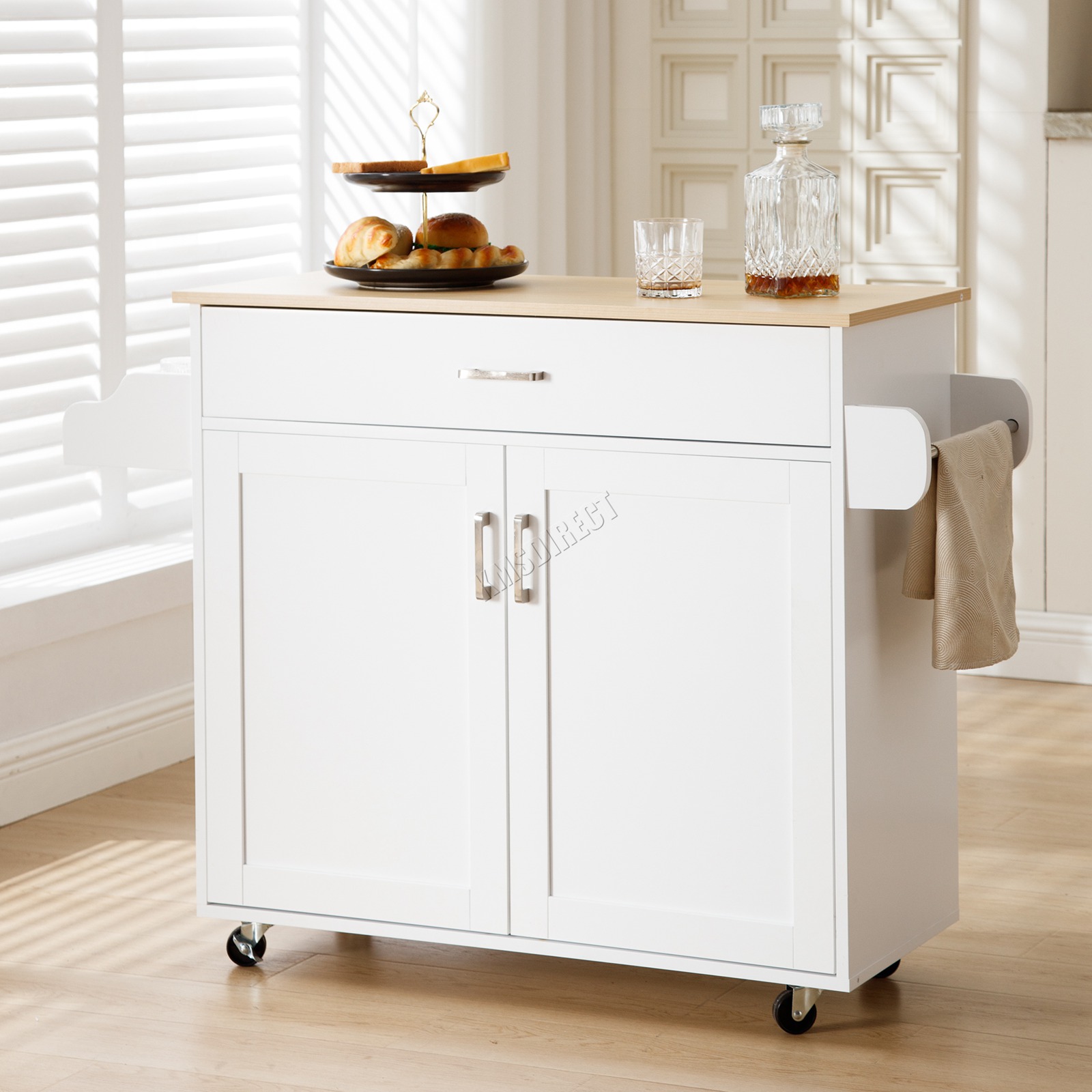 WestWood Kitchen Island Rolling Storage Trolley Cabinet Drawer Large Wood Top 
