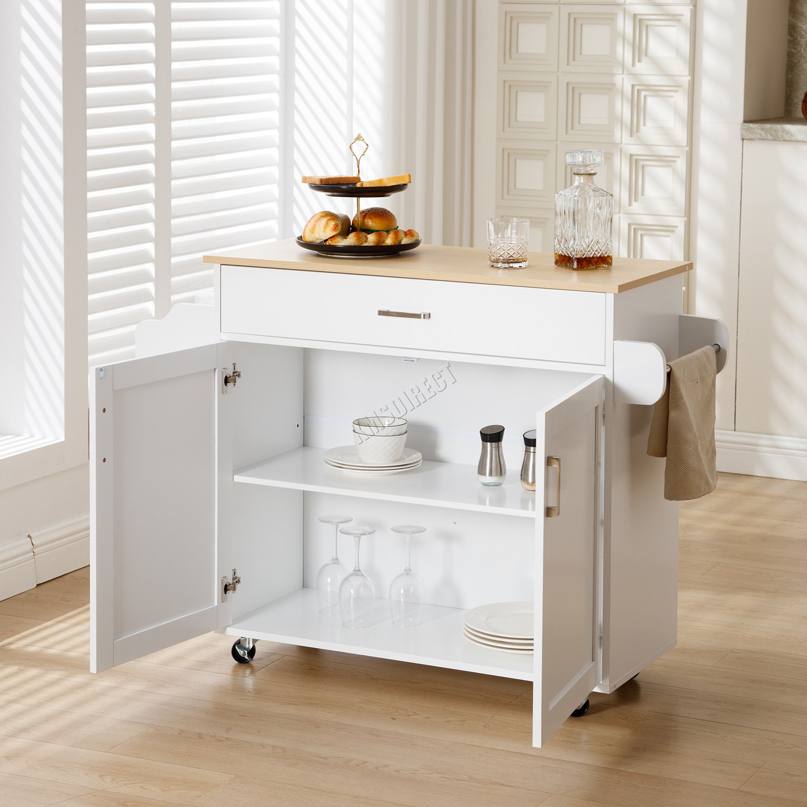 WestWood Kitchen Island Rolling Storage Trolley Cabinet Drawer Large Wood Top - Picture 25 of 31