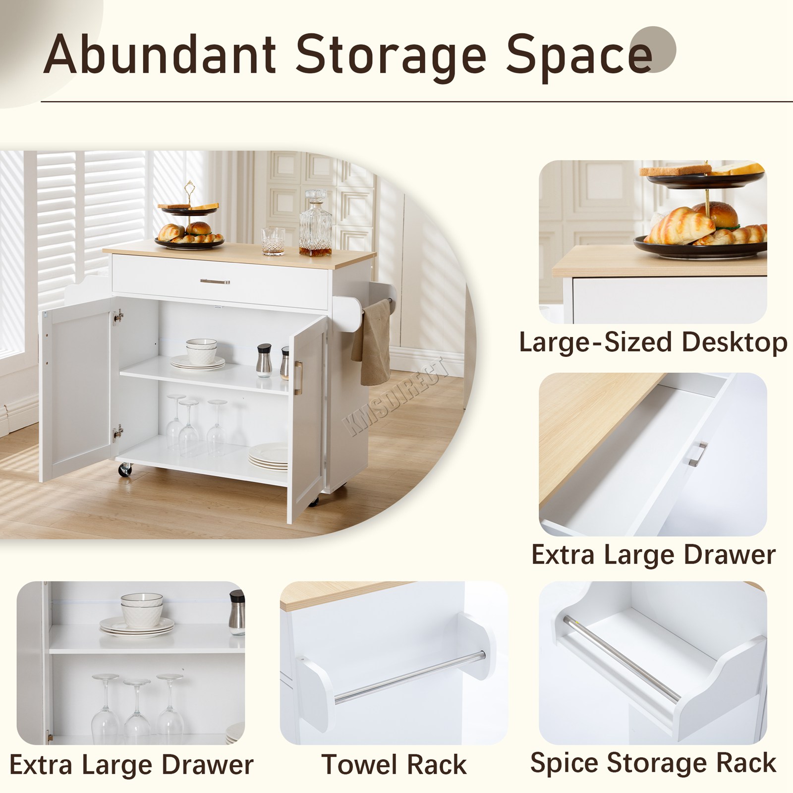 WestWood Kitchen Island Rolling Storage Trolley Cabinet Drawer Large Wood Top - Picture 26 of 31