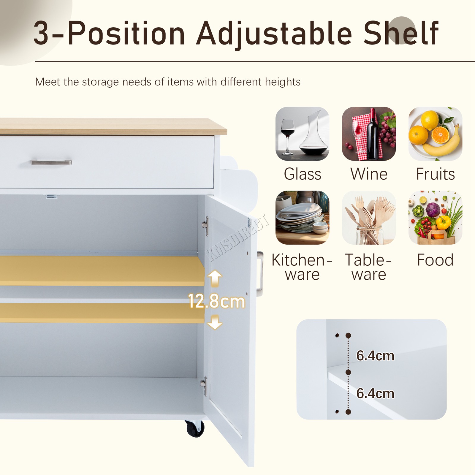 WestWood Kitchen Island Rolling Storage Trolley Cabinet Drawer Large Wood Top - Picture 27 of 31