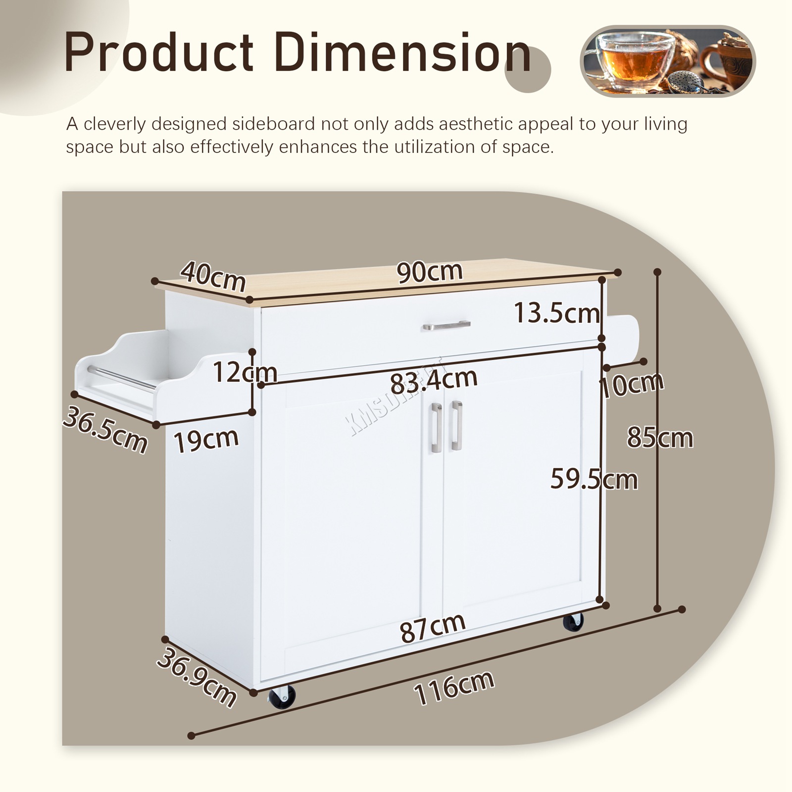 WestWood Kitchen Island Rolling Storage Trolley Cabinet Drawer Large Wood Top - Picture 30 of 31