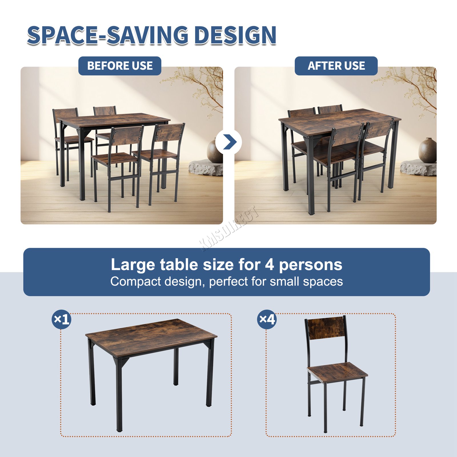 WestWood Compact Dining Table and 4 Chairs Set 5PCS Wooden Space Saving Kitchen - Picture 14 of 33