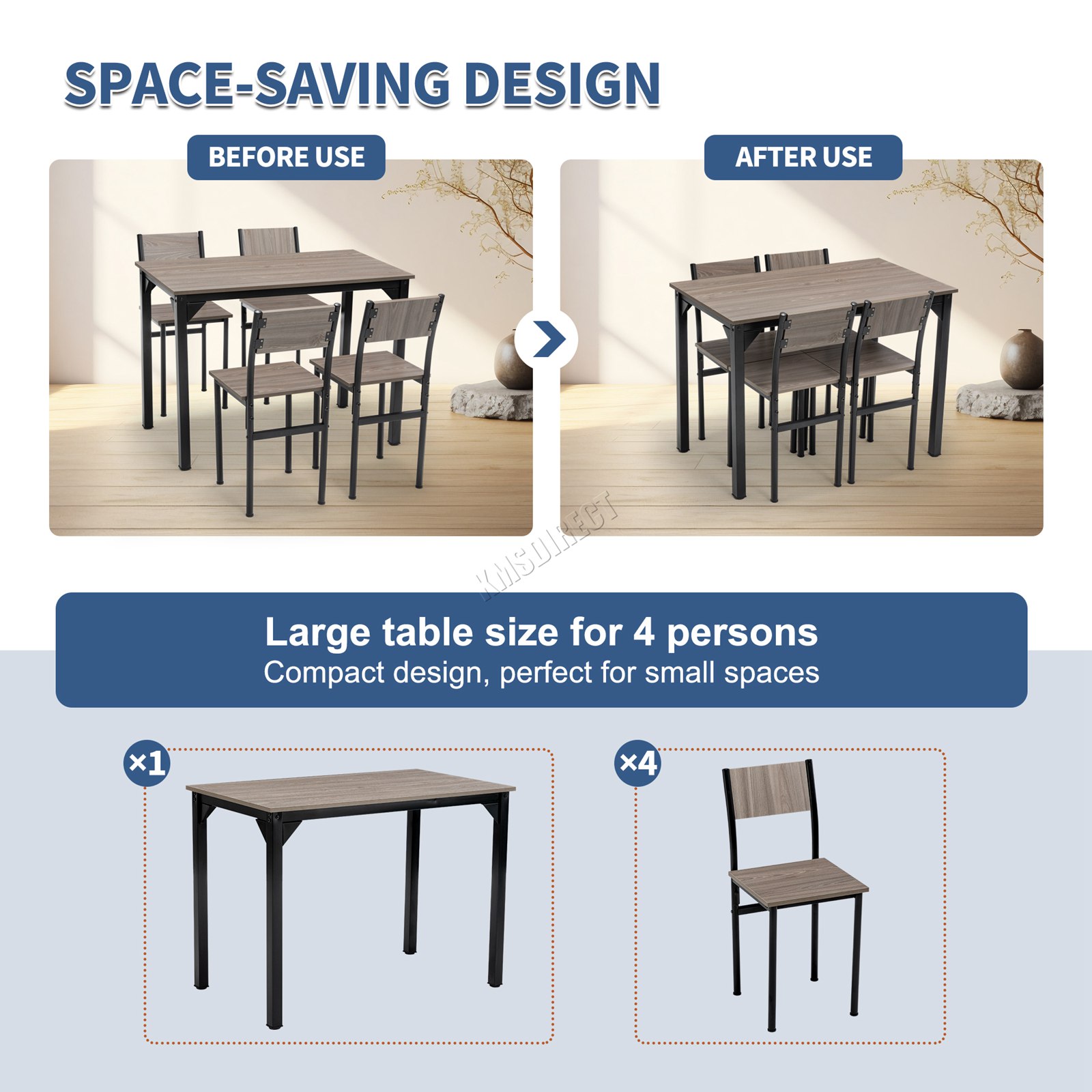 WestWood Compact Dining Table and 4 Chairs Set 5PCS Wooden Space Saving Kitchen