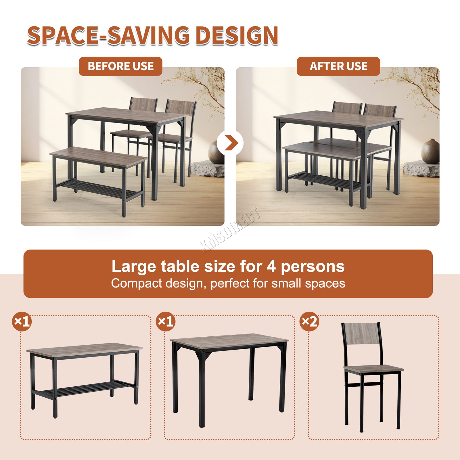 WestWood Compact Dining Table and 2 Chairs 1 Bench Set 4PCS Wooden Kitchen Home