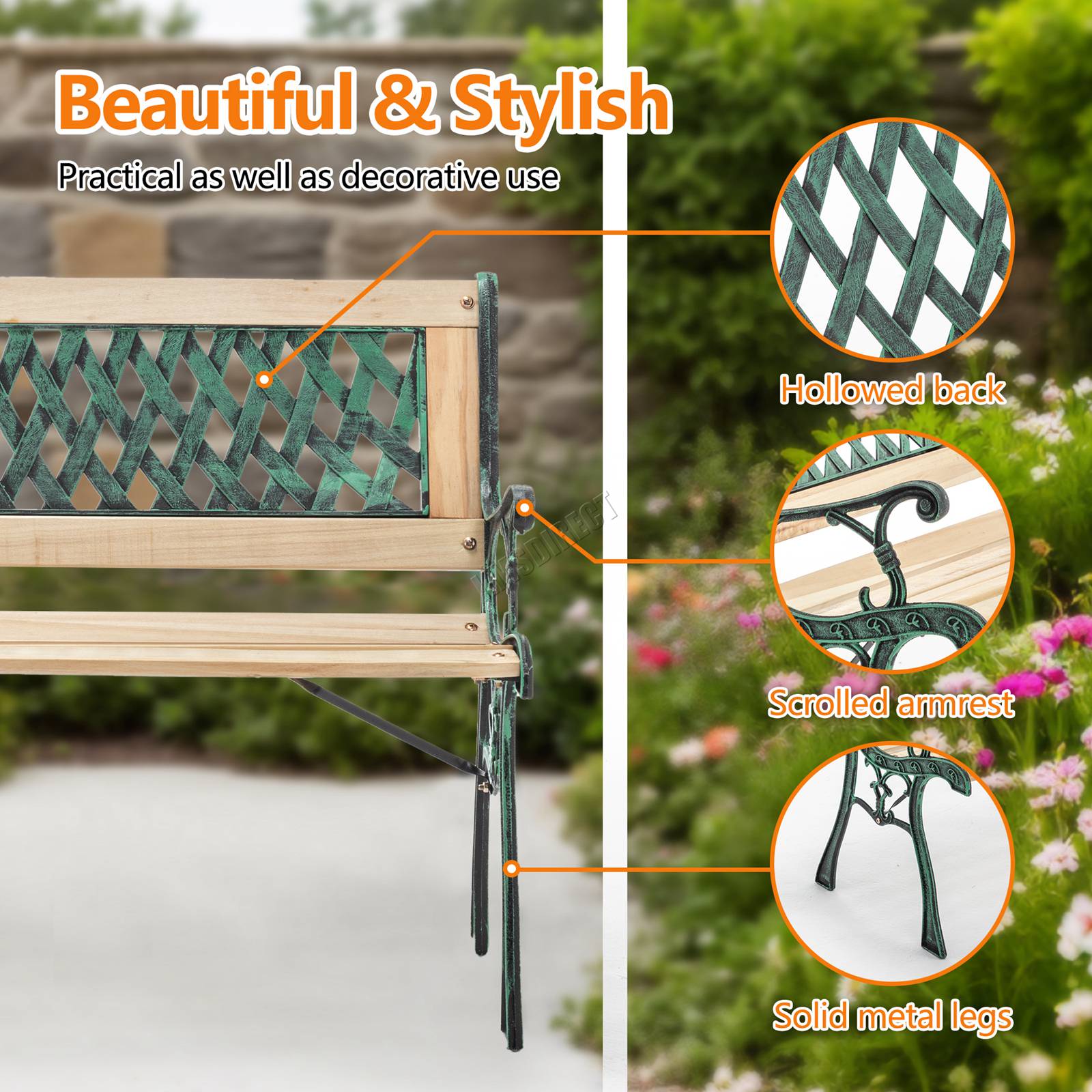 BIRCHTREE Garden Bench 3 Seater Outdoor Wooden Cast Iron Legs Park Seat Furnitur - Picture 27 of 58