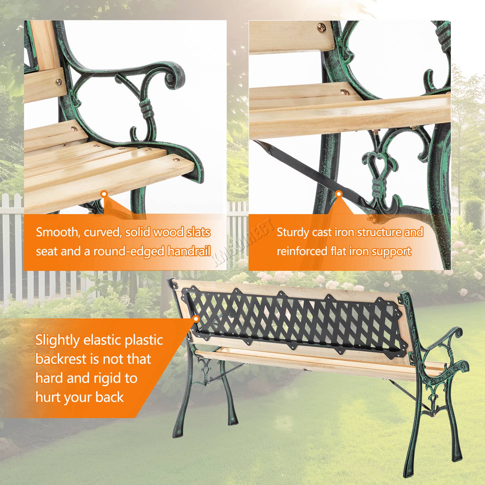 BIRCHTREE Garden Bench 3 Seater Outdoor Wooden Cast Iron Legs Park Seat Furnitur - Picture 30 of 58