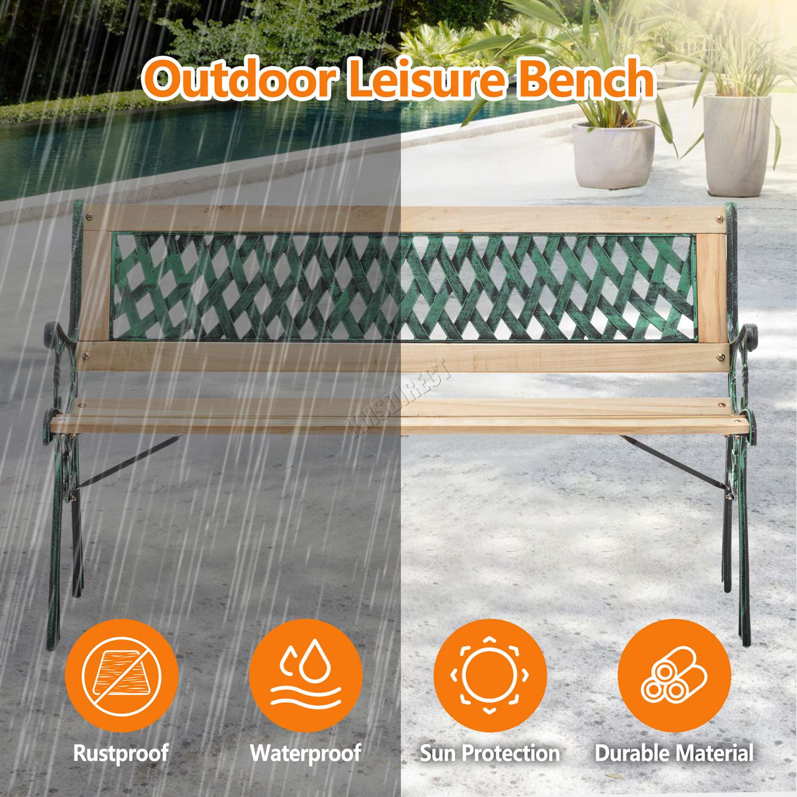 BIRCHTREE Garden Bench 3 Seater Outdoor Wooden Cast Iron Legs Park Seat Furnitur - Picture 31 of 58