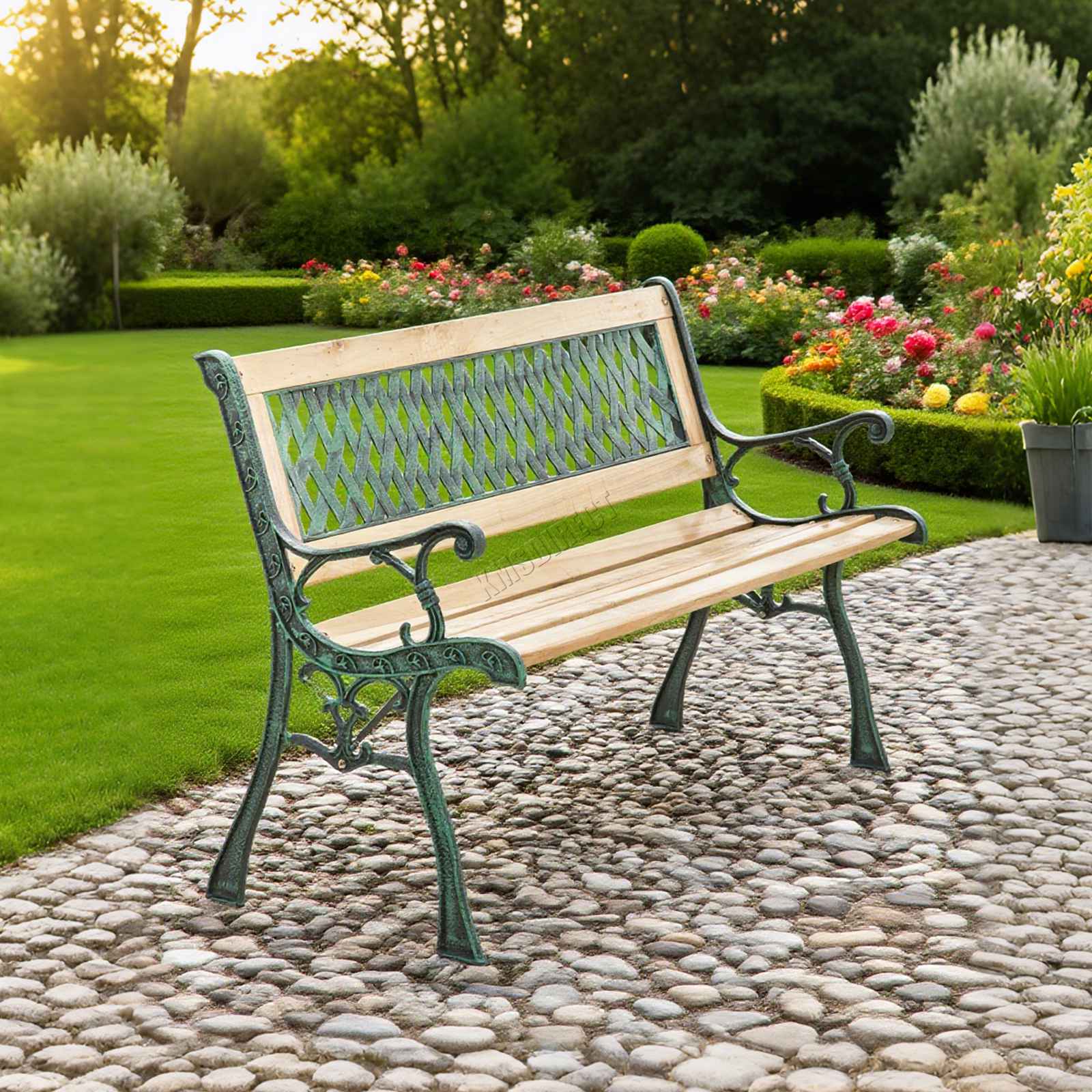 BIRCHTREE Garden Bench 3 Seater Outdoor Wooden Cast Iron Legs Park Seat Furnitur - Picture 33 of 58