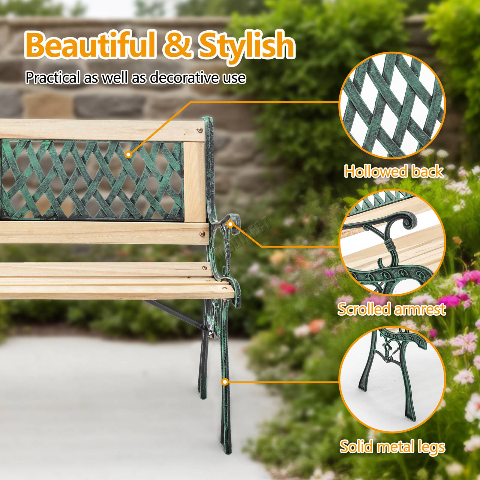 BIRCHTREE Garden Bench 3 Seater Outdoor Wooden Cast Iron Legs Park Seat Furnitur - Picture 38 of 58