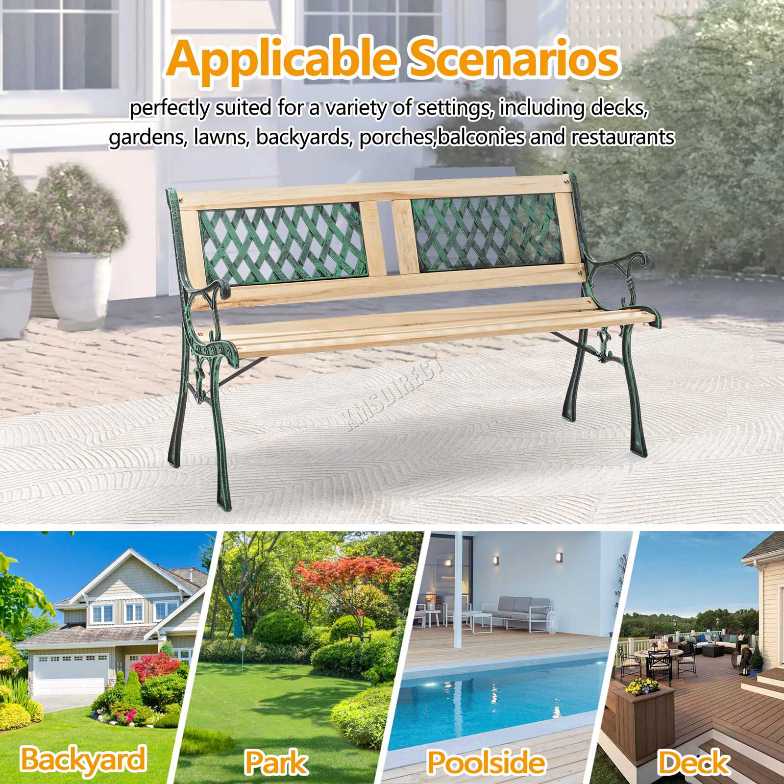 BIRCHTREE Garden Bench 3 Seater Outdoor Wooden Cast Iron Legs Park Seat Furnitur - Picture 40 of 58