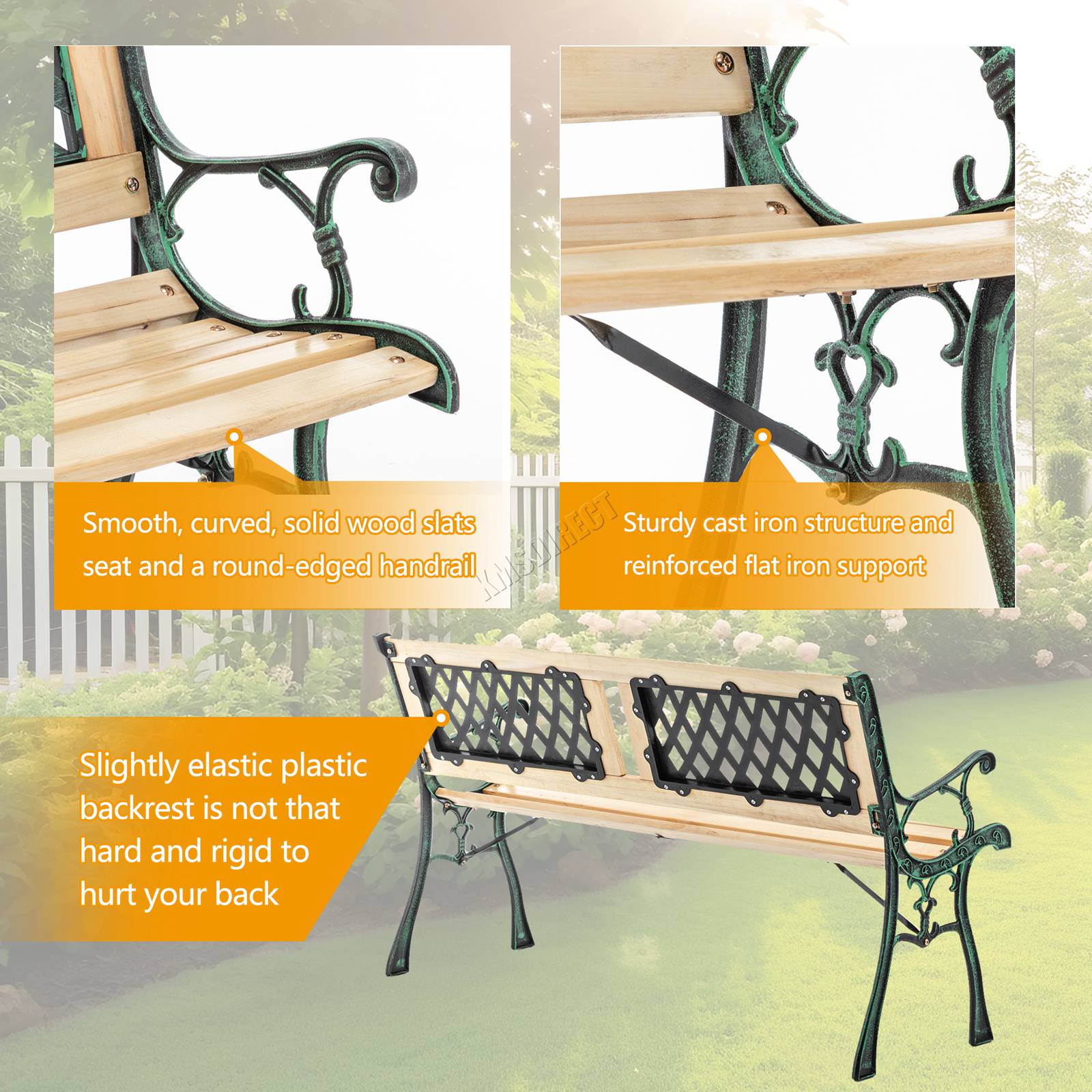 BIRCHTREE Garden Bench 3 Seater Outdoor Wooden Cast Iron Legs Park Seat Furnitur - Picture 41 of 58
