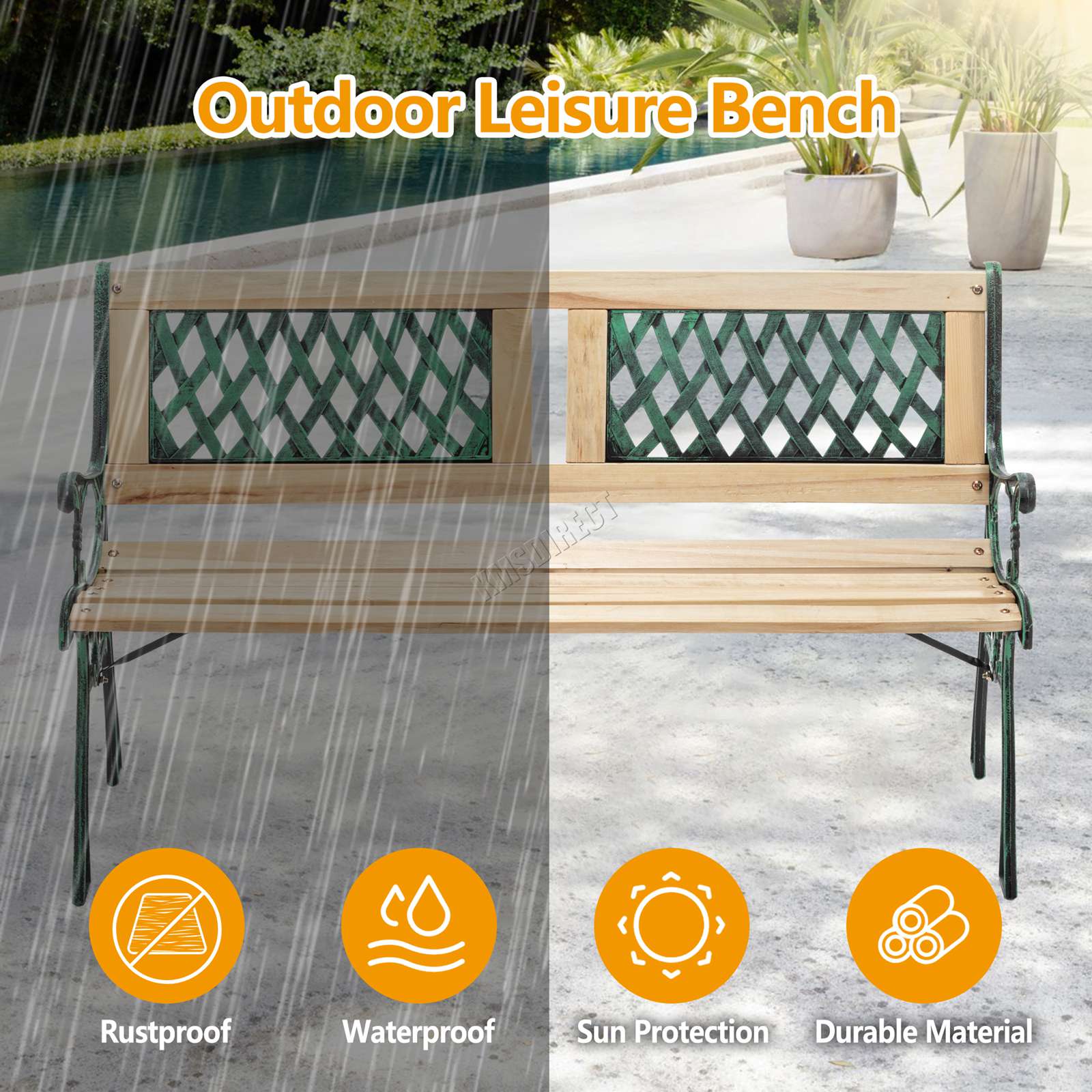 BIRCHTREE Garden Bench 3 Seater Outdoor Wooden Cast Iron Legs Park Seat Furnitur - Picture 42 of 58