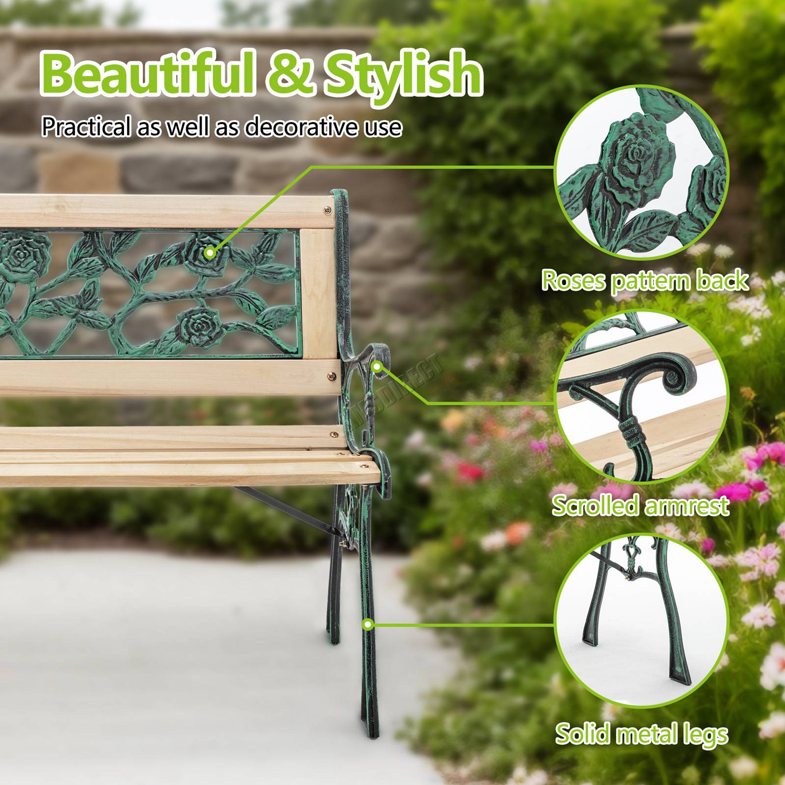 BIRCHTREE Garden Bench 3 Seater Outdoor Wooden Cast Iron Legs Park Seat Furnitur - Picture 49 of 58