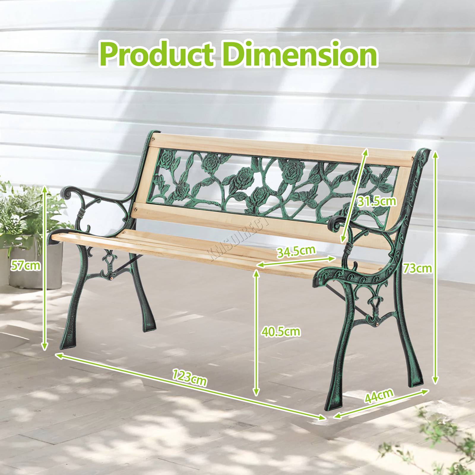 BIRCHTREE Garden Bench 3 Seater Outdoor Wooden Cast Iron Legs Park Seat Furnitur - Picture 50 of 58