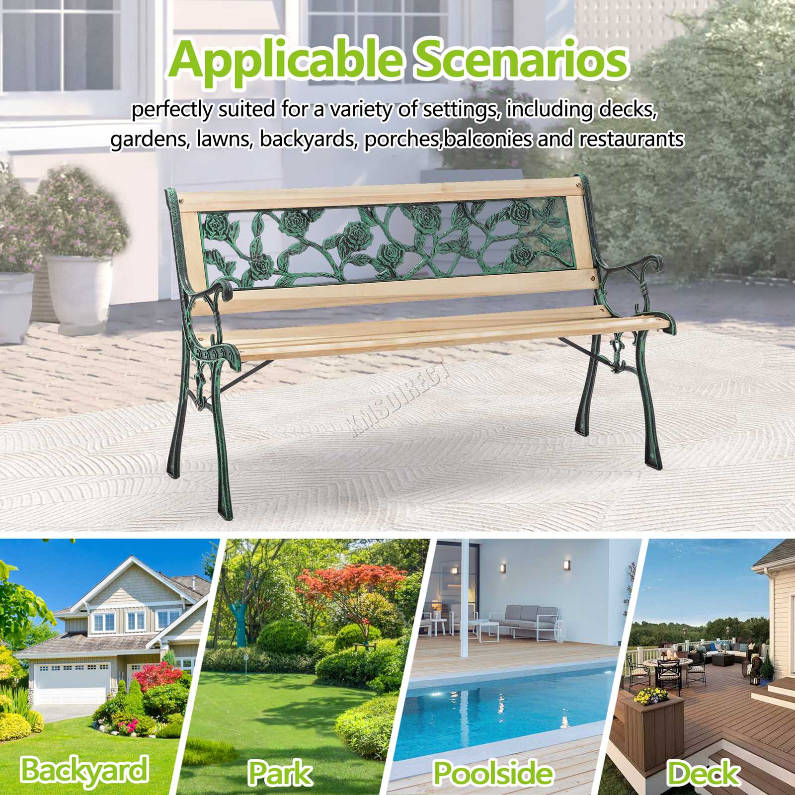 BIRCHTREE Garden Bench 3 Seater Outdoor Wooden Cast Iron Legs Park Seat Furnitur - Picture 51 of 58
