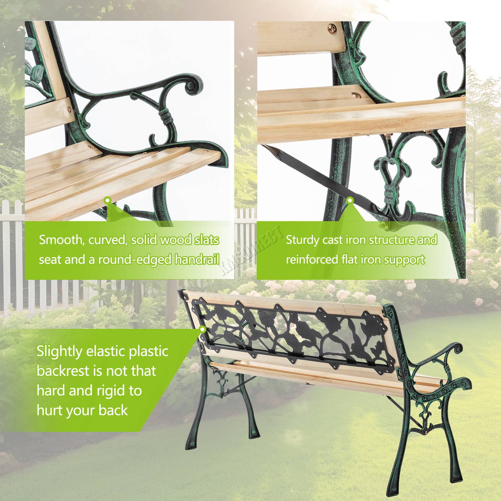 BIRCHTREE Garden Bench 3 Seater Outdoor Wooden Cast Iron Legs Park Seat Furnitur - Picture 52 of 58
