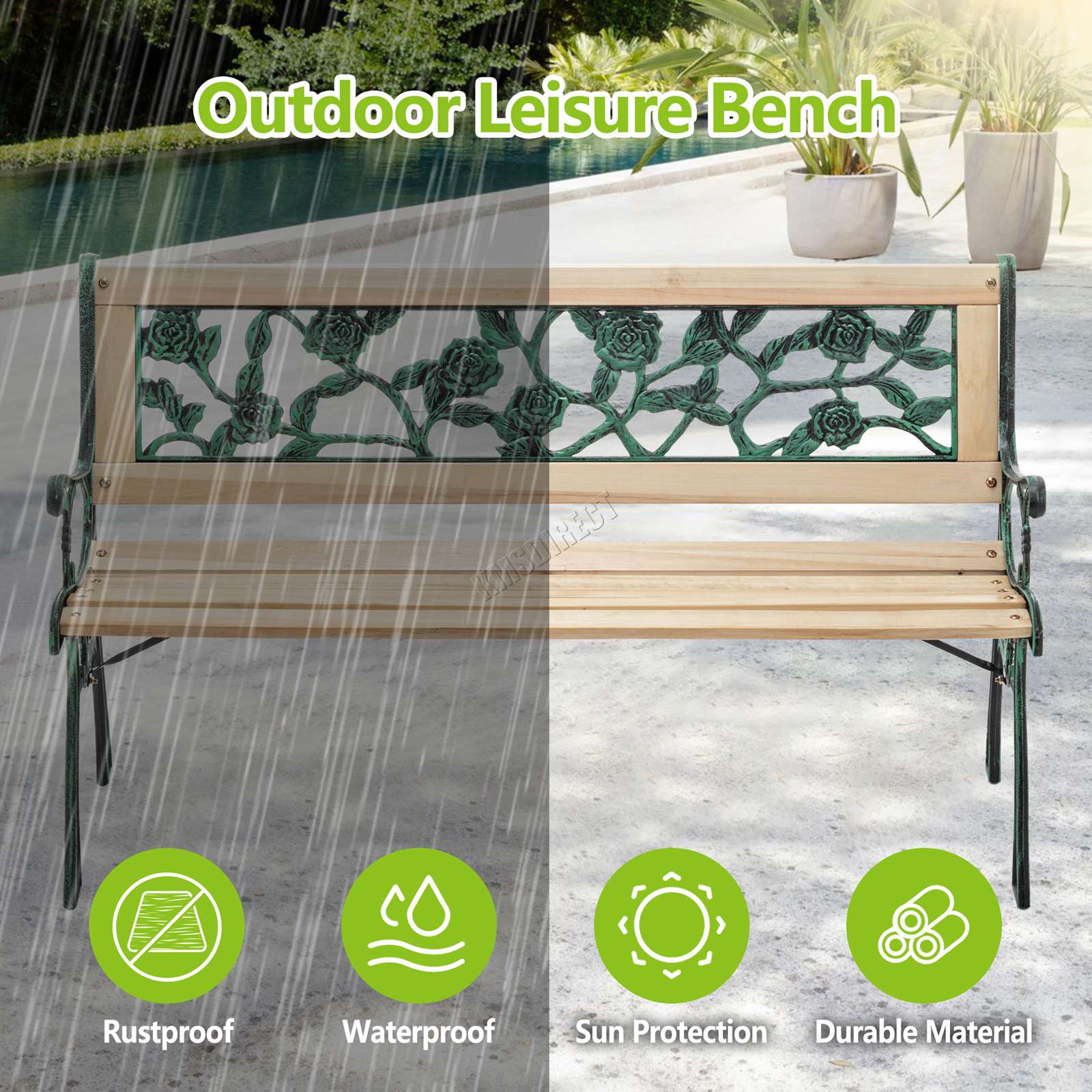 BIRCHTREE Garden Bench 3 Seater Outdoor Wooden Cast Iron Legs Park Seat Furnitur - Picture 53 of 58