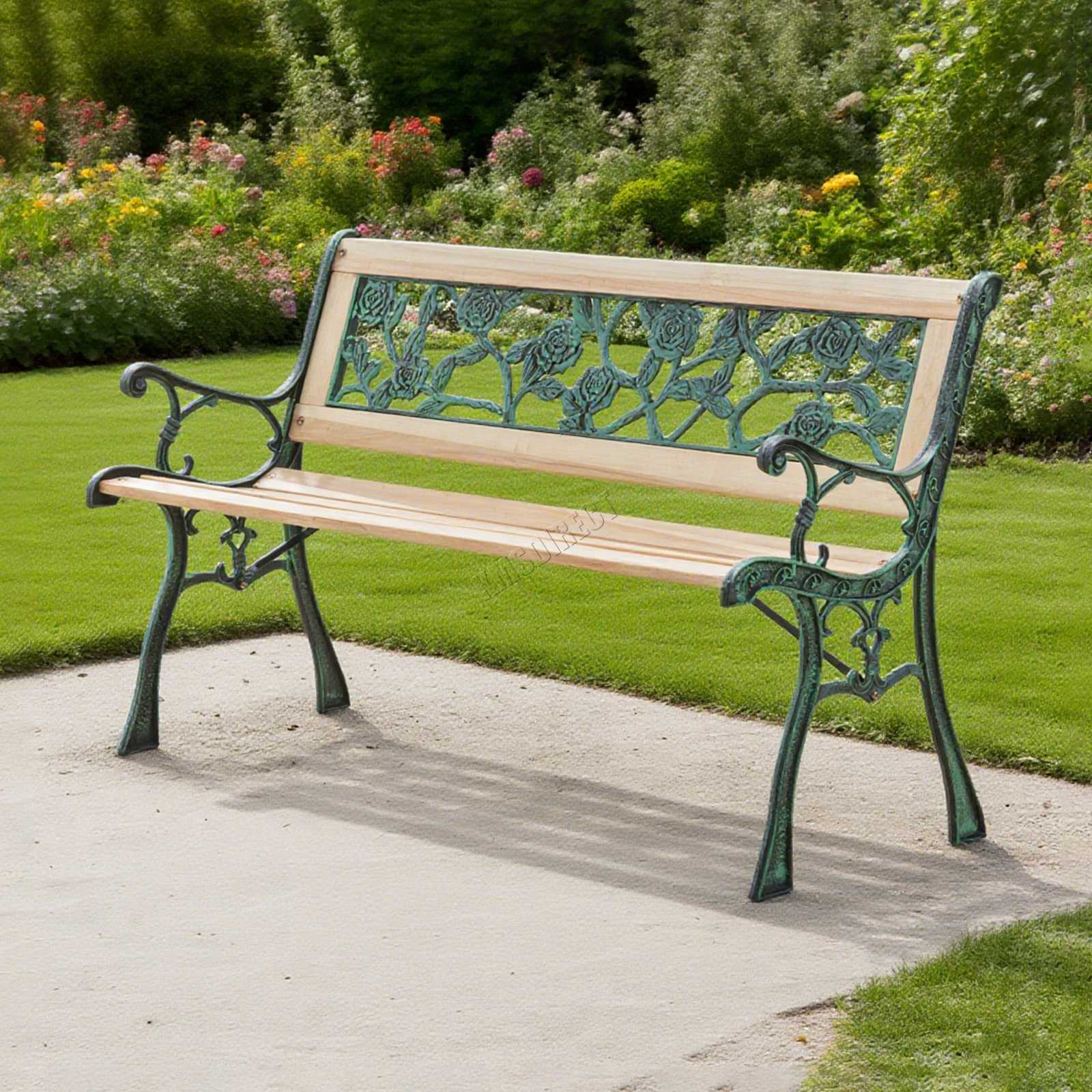 BIRCHTREE Garden Bench 3 Seater Outdoor Wooden Cast Iron Legs Park Seat Furnitur - Picture 54 of 58