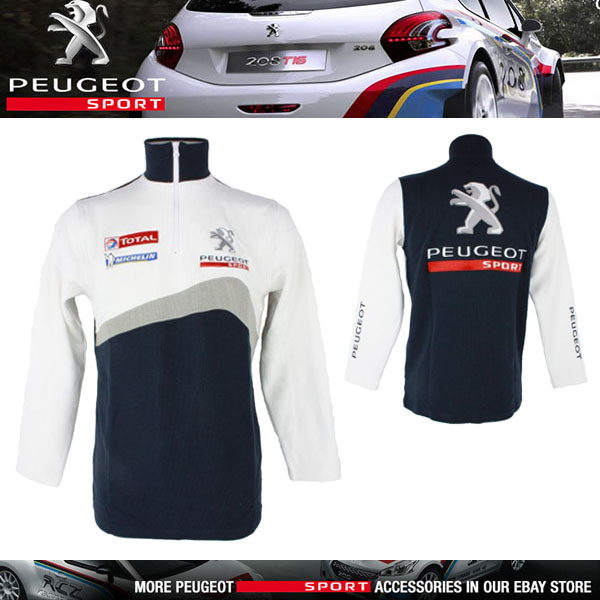 NEW! PEUGEOT SPORT RALLY MENS ZIP SWEATSHIRT with EMBROIDERED LOGOS WHITE/NAVY