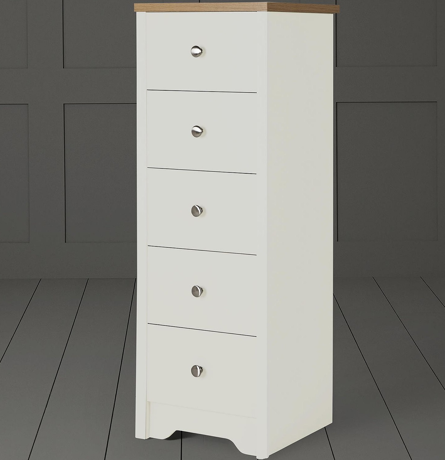 NEW Tesco Somerton 5 Drawer Tallboy Narrow Slim Chest (Ivory & Oak