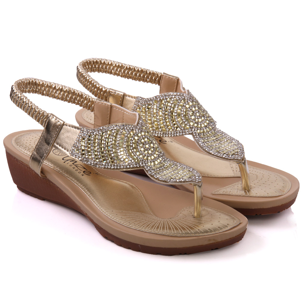 UNZE WOMENS CATALINE EMBELLISHED FLAT SANDALS UK SIZE 3-8 GOLD