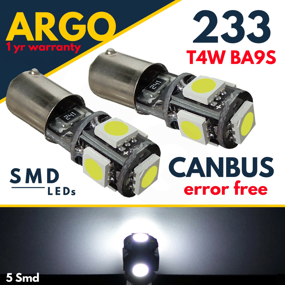 NEW 2 X WHITE LED BULBS 12 VOLT BULBS 233,T4W,BA9S SIDE LIGHT INTERIOR 233LED